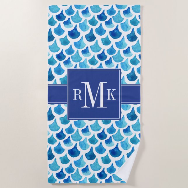 Blue Watercolor Scale Pattern Beach Towel (Front)