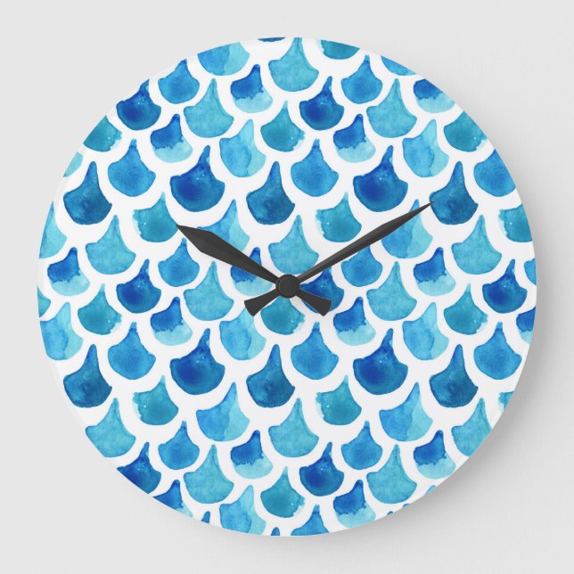 Blue Watercolor Scale Pattern Large Clock (Front)