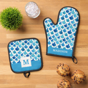 Blue Watercolor Scale Pattern Oven Mitt & Pot Holder Set