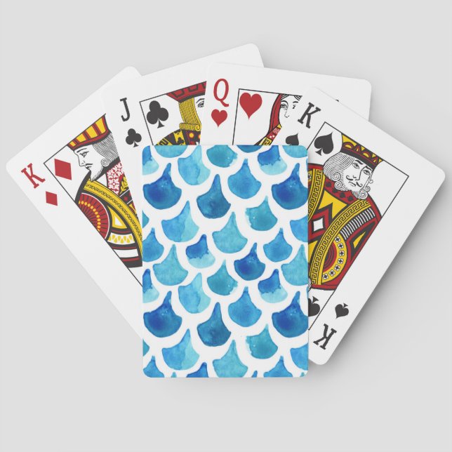 Blue Watercolor Scale Pattern Playing Cards (Back)