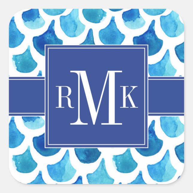Blue Watercolor Scale Pattern Square Sticker (Front)
