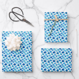 Blue Watercolor Scale Pattern Wrapping Paper Sheet