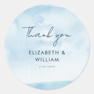 Blue Watercolor Script Thank You Wedding Favour Classic Round Sticker