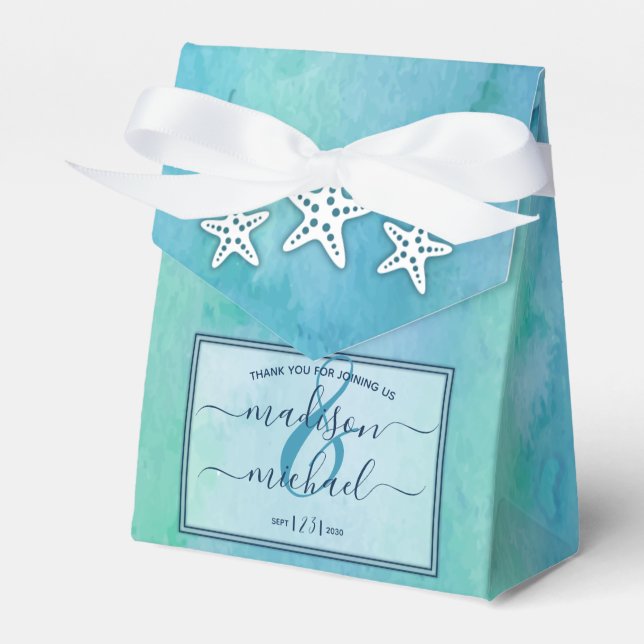 Blue Watercolor Sea Ocean Starfish Wedding Favour Box (Front Side)