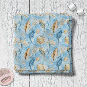 Blue Watercolor Seahorses Starfish Pattern Fabric
