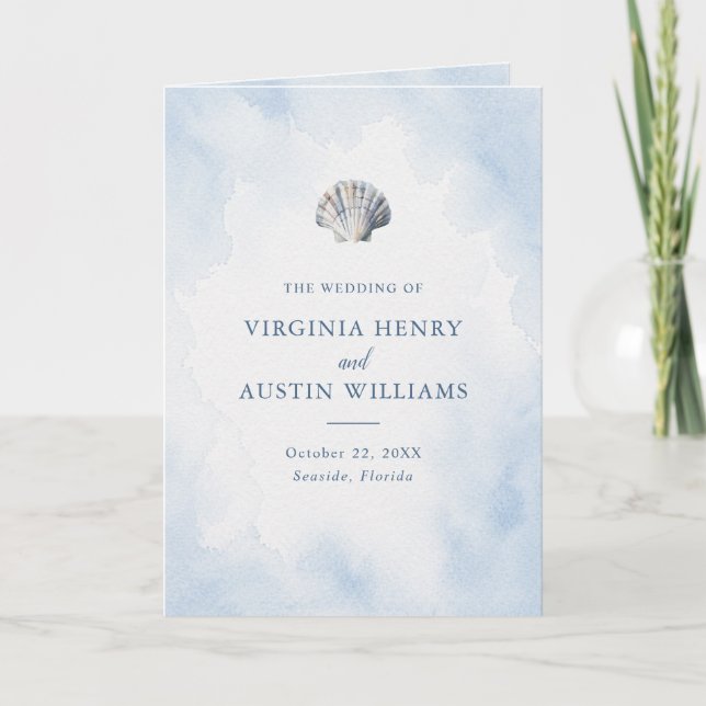 Blue Watercolor Seashell Beach Wedding Programme (Front)