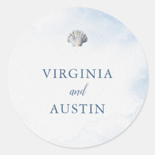 Blue Watercolor Seashell Beach Wedding Sticker
