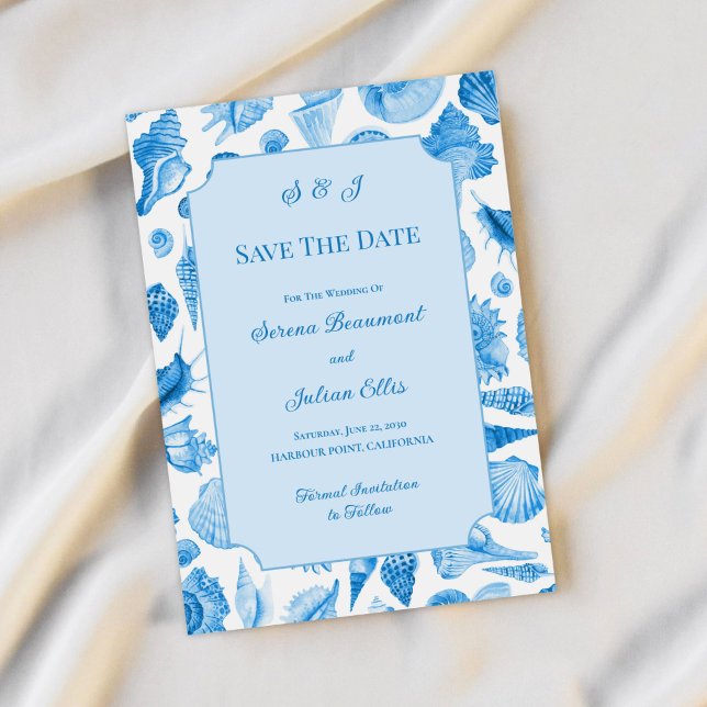Blue Watercolor Seashell Coastal Chic Save The Date (Blue Watercolor Seashell Coastal Chic Save The Date)