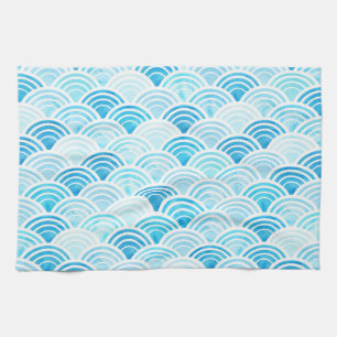 Blue Watercolor Seigaiha Waves Pattern Tea Towel