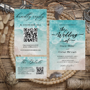 Blue Watercolor Shoreline Elegant Ocean Wedding Invitation