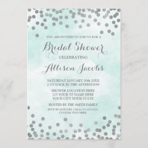 Blue Watercolor Silver Confetti Bridal Shower Invitation