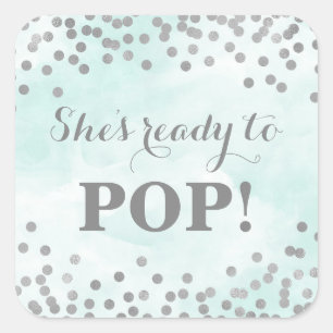 Blue Watercolor Silver Confetti She's Ready to Pop Square Sticker