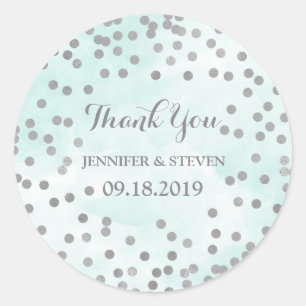 Blue Watercolor Silver Confetti Wedding Label
