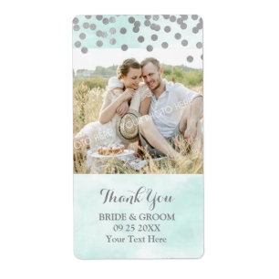 Blue Watercolor Silver Dots Photo Wedding Label