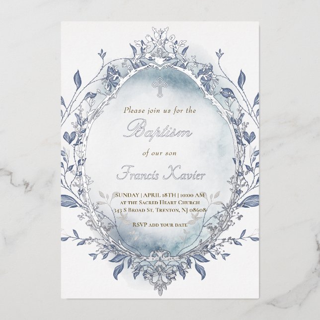 blue watercolor silver frame winter Baptism  (Front)
