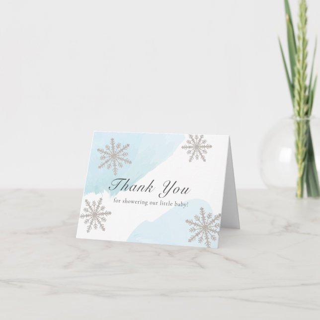 Blue Watercolor Silver Snowflakes Baby Shower Thank You Card (Front)