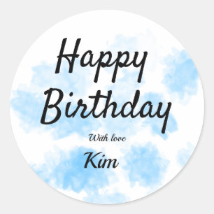 Blue watercolor simple birthday add your name cust classic round sticker