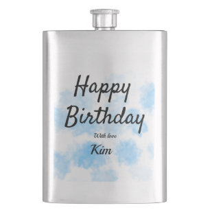 Blue watercolor simple birthday add your name cust hip flask
