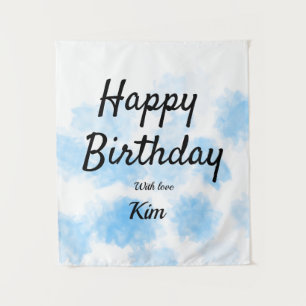 Blue watercolor simple birthday add your name cust tapestry