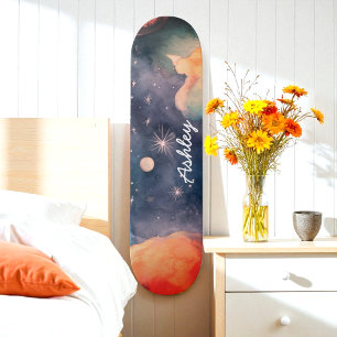 Blue Watercolor Sky Galaxy Celestial Skateboard