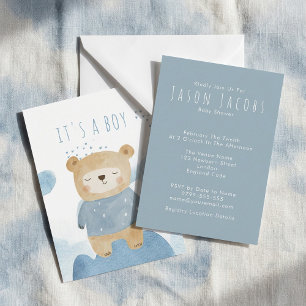 Blue Watercolor sleepy teddy bear Baby Shower  Invitation