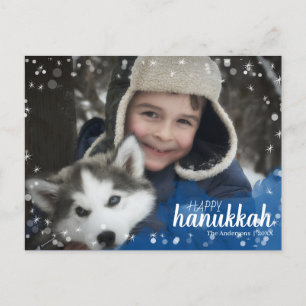Blue Watercolor Snowfall Hanukkah Holiday Photo Postcard