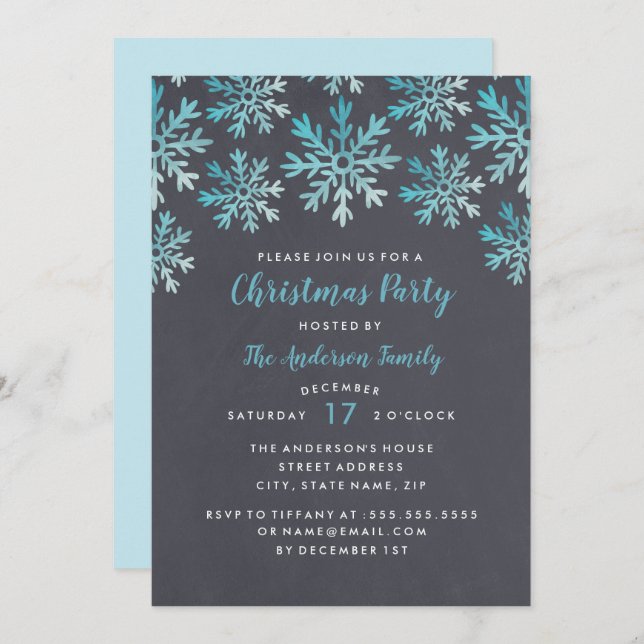 Blue Watercolor Snowflake Christmas Party Invitation (Front/Back)