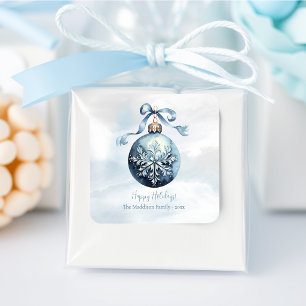 Blue Watercolor Snowflake Ornament Custom Square Sticker