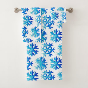Blue Watercolor Snowflake Pattern Bath Towel Set