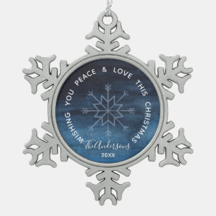 Blue Watercolor Snowflake Peace & Love Snowflake Pewter Christmas Ornament