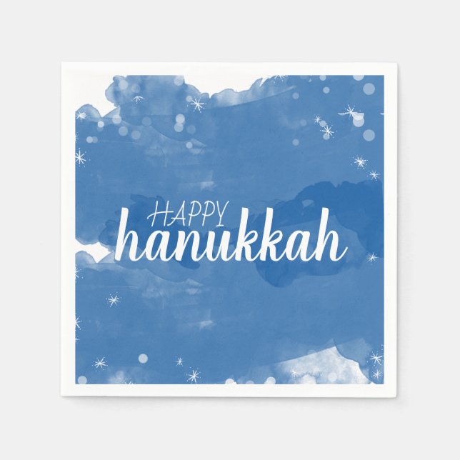 Blue Watercolor Snowflakes Happy Hanukkah Napkin (Front)