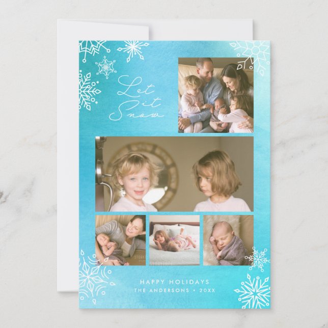 Blue Watercolor Snowflakes Let it Snow Photo Holiday Card (Front)
