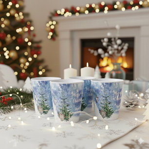 Blue Watercolor Snowy Trees Lantern Christmas Latte Mug