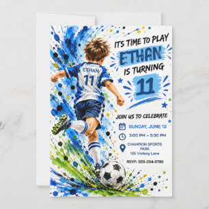 Blue Watercolor Soccer Player Boy Birthday Party  Invitation