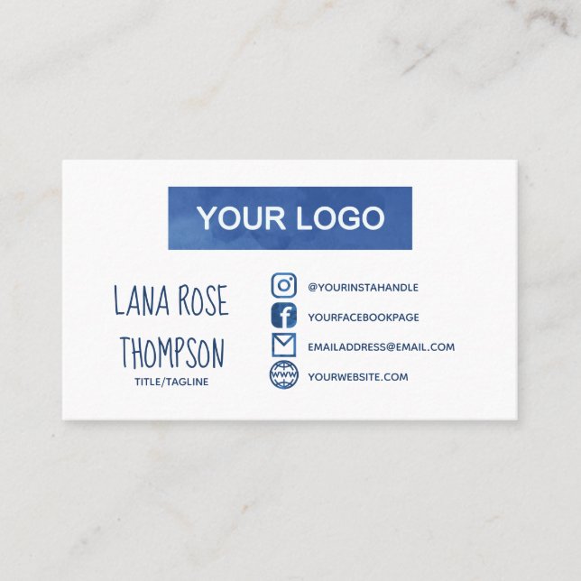 Blue Watercolor Social Media Logo & Photo Business Card (Front)