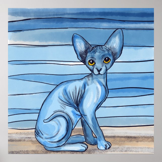 Blue Watercolor Sphynx Cat Poster (Front)