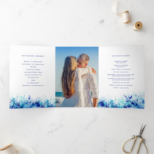  Blue watercolor splash art wreath wedding Tri-Fold Programme (Inside)