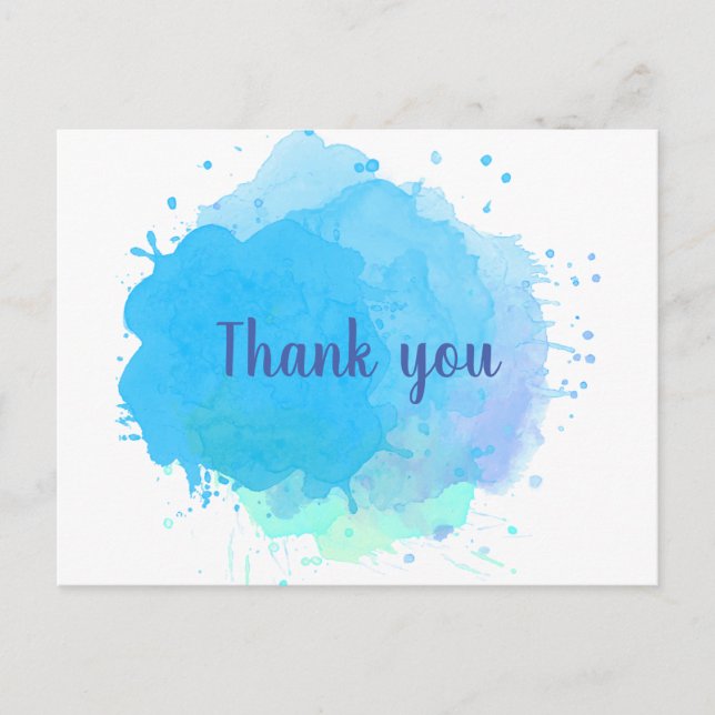 Blue Watercolor Splash Business Thank You Postcard (Front)