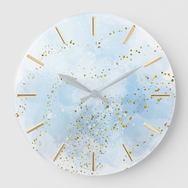 blue watercolor splash | faux glitter design large clock (Front)
