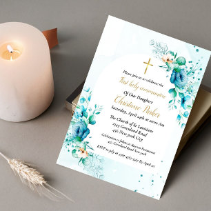 Blue watercolor splash first holy communion invitation