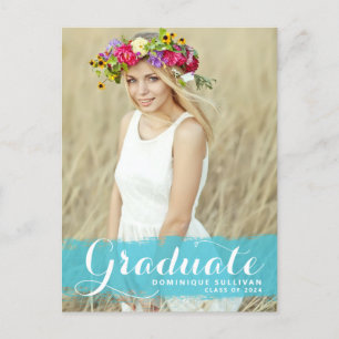Blue Watercolor Splash Photo Graduation Postcard