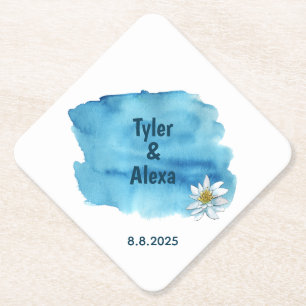 blue watercolor splash with water lily paper coaster