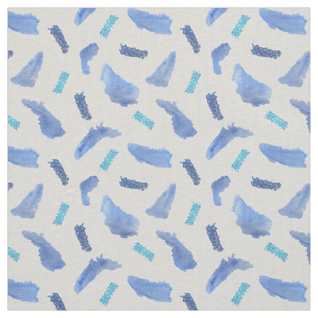 Blue Watercolor Spots Ivory Linen Fabric (Swatch)