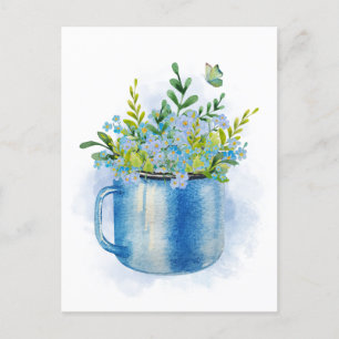Blue watercolor spring flowers in cup postcard