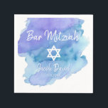 Blue Watercolor Star of David Bar Mitzvah Napkin<br><div class="desc">Perfect modern cocktail disposable paper napkins in blue turquoise watercolor design with white Star of David.  Bar Mitzvah or Bat Mitzvah easy to personalise by adding name and option date.</div>