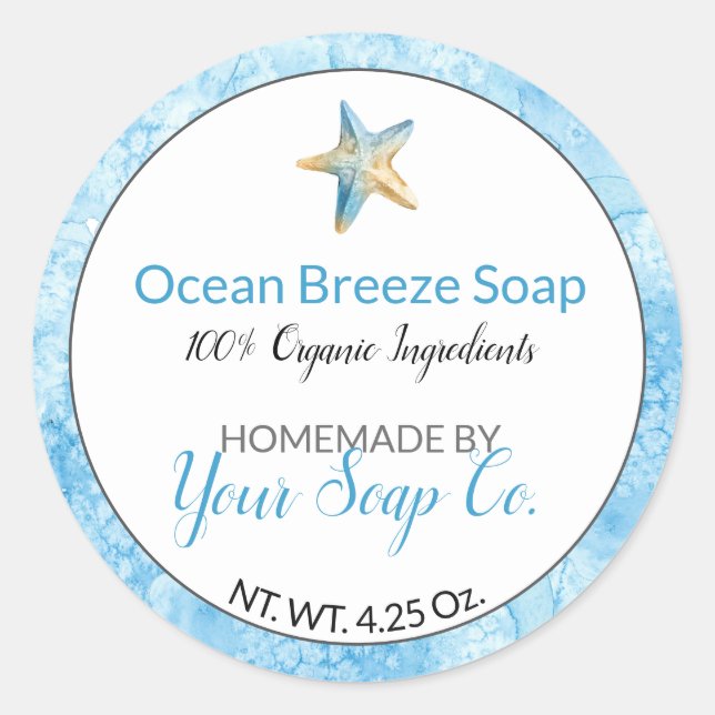 Blue Watercolor Starfish Beach Handmade Soap Classic Round Sticker (Front)