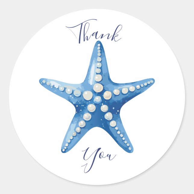 Blue Watercolor Starfish Thank You Classic Round Sticker (Front)