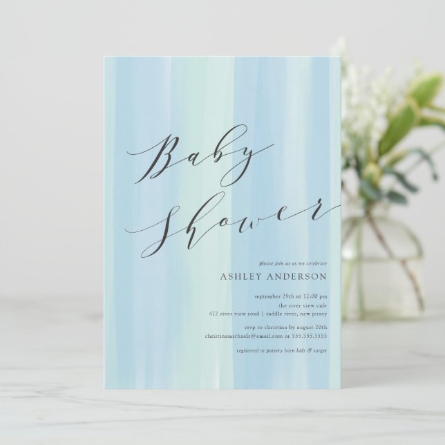 Blue Watercolor Stripes Baby Shower Invitation (Standing Front)