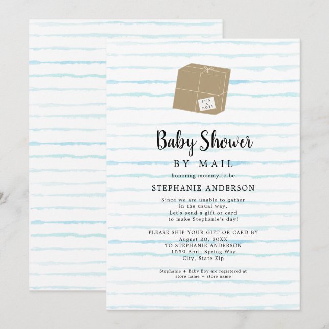 Blue Watercolor Stripes Boy Baby Shower by mail Invitation (Front/Back)