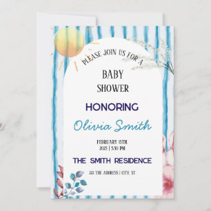Blue Watercolor Stripes Coastal Boho Baby Shower Invitation
